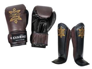 Kanong Cowhide Leather Muay Thai Gloves + Shin Guards : Brown/Black